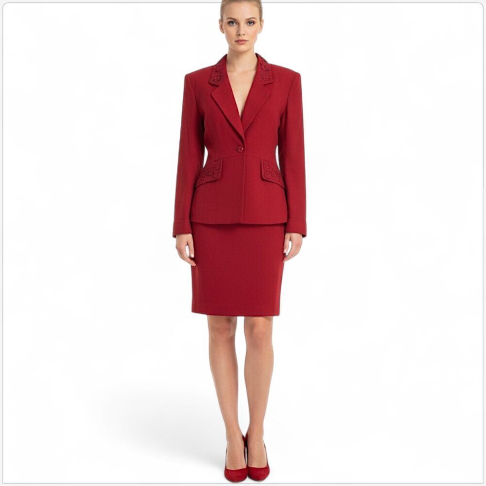 Zelda Vintage Deep Red Embroidered Raised Flower Bead Skirt Jacket Suit New 6